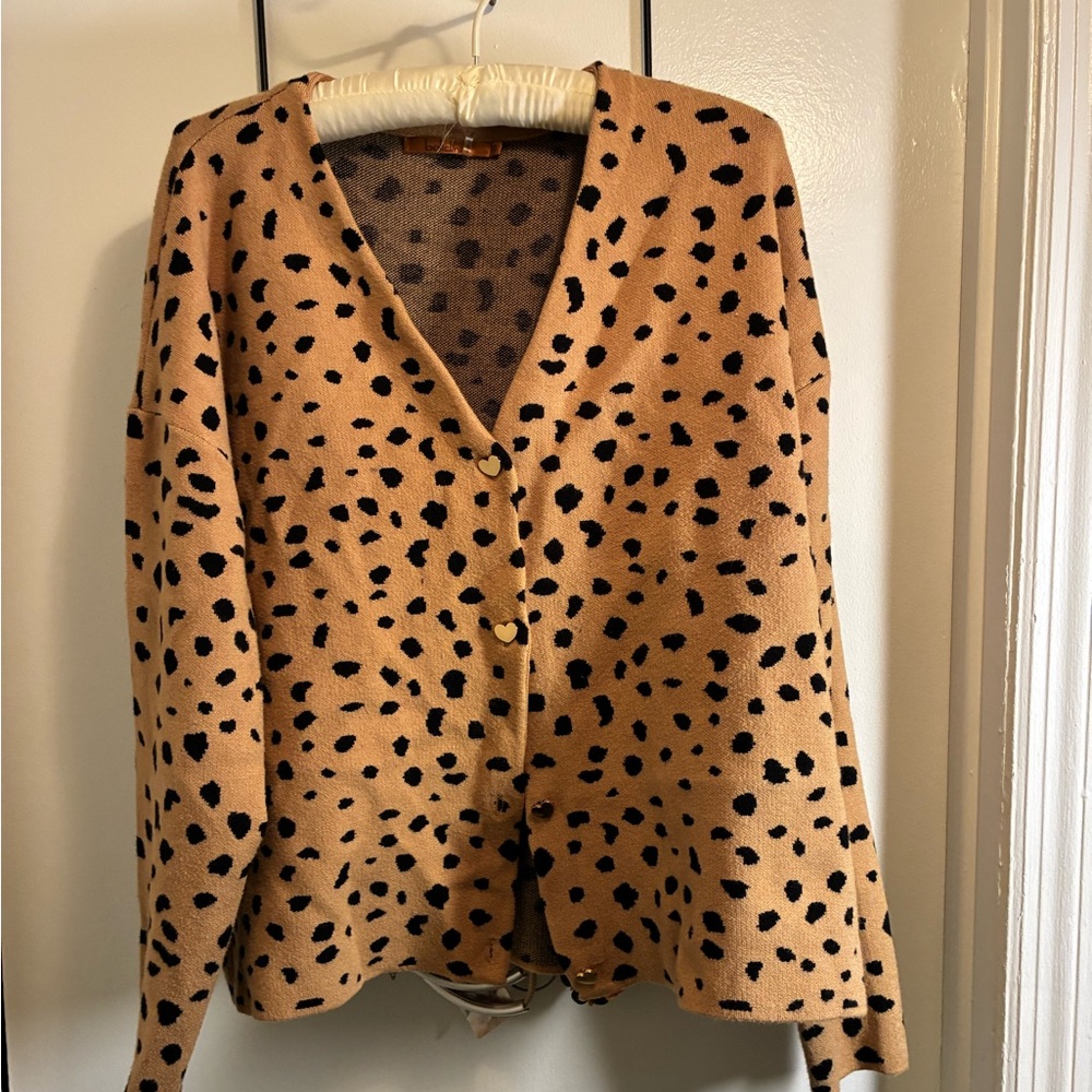 Belldini Tan Cardigan with Black Spot Print